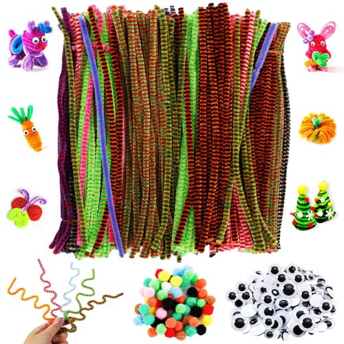 Luckwaii Pfeifenputzer Bunt zum Basteln 560 Stück DIY Pfeifenreiniger Basteln Set 10 Farben 400 Chenilledraht mit Bunte Mini Pompons & Wackelaugen Selbstklebend, Pipe Cleaners 30cm für DIY Projekte