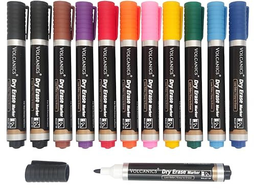 Volcanics Coloured Whiteboard Pens Thick Low Odor Whiteboard Markers Erasable Flipchart Pens 12 Pack Dry Wipe Pens for Whiteboard,Teacher Whiteboard Pens for Classroom,Meeting, Office and Home