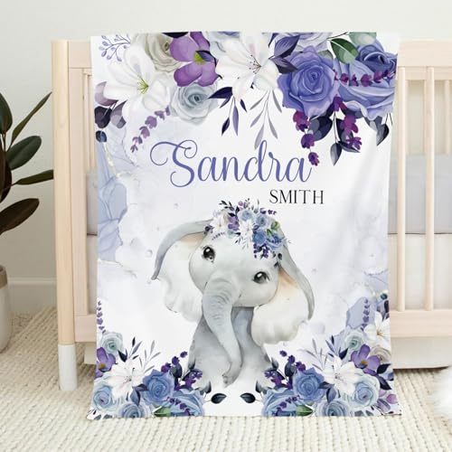 Babydecke mit Namen Personalisiert,Flauschige Warme Kuscheldecke mit Namen und Geburtsdatum Elefant,Geschenk Baby Taufe Geburt Mädchen Junge für Kinderdecke Namensdecke Krabbeldecke