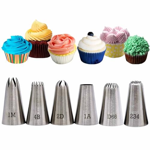 Generic Large Piping Tips, 6-Pack Cake Piping Nozzles Kit, Stainless Steel, Silvery, Open Star, Closed Star, Round, Piping Tip Set, Cake Piping Tips