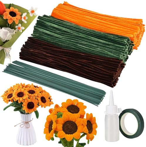 bssmmai 550 Stück Pfeifenreiniger Blumen Set, Sonnenblumen Pfeifenputzer Blumen, Pfeifenreiniger Set, Pfeifenputzer zum Basteln, Pfeifenreiniger zum Basteln, (Grün, Gelb, Braun)