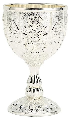 Embossed Chalice Goblet, Vintage Flower Pattern Wine Chalice Metal Wine Cup for Home Party Wedding Decoration Medieval Decor (Silver)