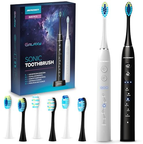 Berdsen Elektrische Zahnbürste - Doppelpack - Schallzahnbürsten - 6 Putzmodi - 3 Intensitätsstufen - 6 Bürstenköpfe - Schwarz - Weiß