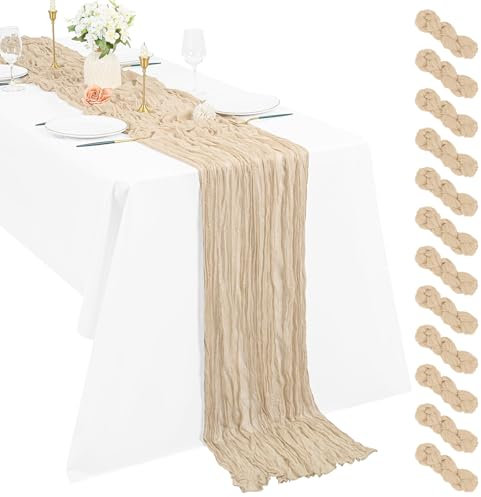 12 Stück Beige Seihtuch Tischläufer 3 m Boho Gaze Tischläufer 55 x 300 cm rustikal romantisch Langer Tischläufer für Hochzeit Party Brautparty Erntedankfest Weihnachtsdekoration