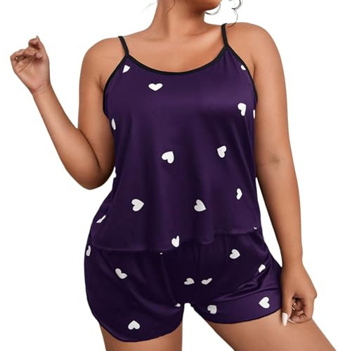 Pigiama Donna Taglie Forti Estivo - Pigiami Donna Cotone Corto Senza Maniche Sexy Spallacci Sottili 2 Pezzi Set Fantasia Leggero Traspirante Pigiama Casual da Casa