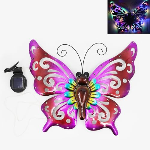 J-Fly Solar-LED-Licht, Schmetterling, hängende Außendekorationen für Hof, Terrasse, Garten, Zaun, Schmetterlinge, Metallkunst, Wanddekoration, Outdoor-Metall-Wandkunst, Gartendekorationen