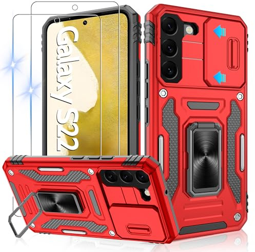 Jshru Handyhülle für Samsung Galaxy S22 Hülle Kameraschutz mit 2 Stück Schutzfolie Militärstandard Stoßfest Sturzsichere Schutzhülle 360° Metall Ring Ständer Case für Galaxy S22,Rot
