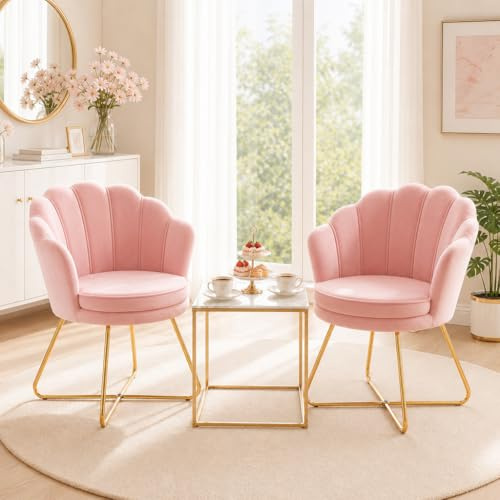 Hellove Sedia Trucco, Set di 2 Poltrona Conchiglia in Velluto con Placcato Oro Metallo Gambe, Moderno Poltrona Salotto con Seduta Morbida Imbottita per Camera da letto/Soggiorno/Vanità, Rosa