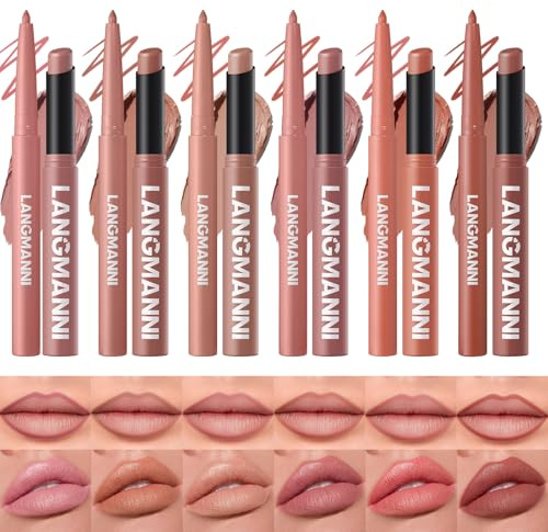 LANGMANNI Matte Lippen Set NATÜRLICHE TÖNE • 6 Lipliner + 6 Lippenstifte • Weichzeichner-Effekt & Langzeithalt • Geschenkset für Make-up-Liebhaber(#A)