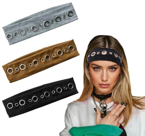 NICENEEDED 3 Stück breite elastische Stirnbänder mit hohlen Metallösen | Punk Grunge Stirnband für Damen, elastisches Haarband für Yoga, Laufen, Training und Halloween