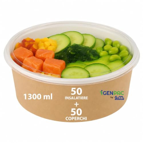 GM – 50 Insalatiere in Carta Avana 1300 ml con Coperchio Trasparente – Diametro 18,4 cm Altezza 6,8 cm – Contenitori Alimentari Compostabili per Insalate Poke e Piatti Freddi – Asporto Gastronomia