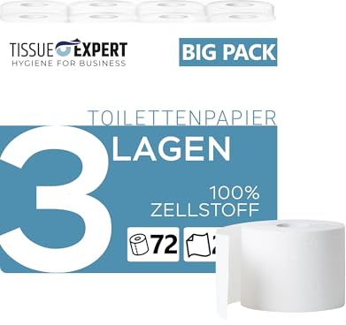 Tissue Expert Toilettenpapier 3-lagig | 72 Rollenx250 Blatt | Großpackung | Superweiches, reißfestes Klopapier aus 100% Zellstoff | ideal für Gewerbe & Vielverbraucher | 60% PCR-Verpackung WC Papier