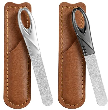 2 Pack Metal Nail File with Leather Case, Stainless Steel Travel Nail File for Men, Double Sided Fingernail Files (Silver, Black)
