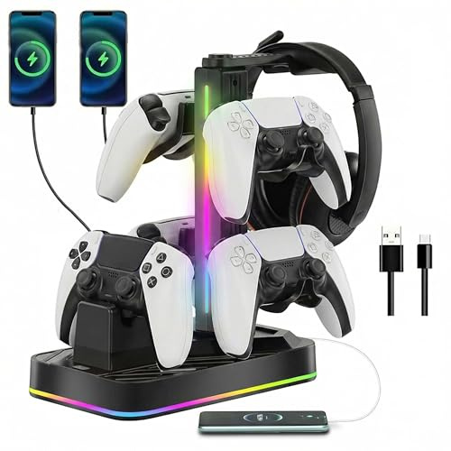 JDGPOKOO Chargeur de manette PS5 avec support pour casque, station de charge RVB pour manette PS5 avec 3 ports USB, support pour casque et manettes DualSense Edge