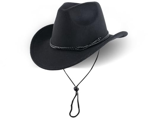 Wovella Vintage Western Cowboyhut, Cowboyhut mit breiter Krempe und geflochtenem Seil für Damen und Herren, modisches Cowboy-Accessoire, Schwarz