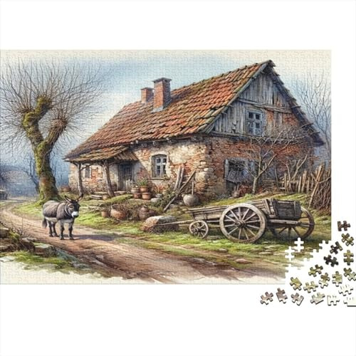 Ländliche Cottageszene 1000-Teile Puzzle aus umweltfreundlichem Material, Altes Cottage mit Wagen, Nachhaltig & Bunt, Herausfordernd für Erwachsene & Familien, 38x26cm/1000pcs