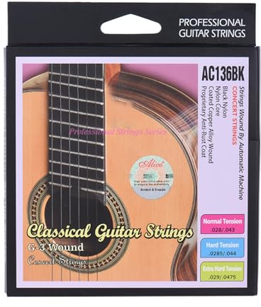 Yunseity Alice AC136BK-H Cuerdas para Guitarra Clásica de Nailon Negro, Juego de Tensión Dura de 6 Piezas con Núcleo Multifilamento y Revestimiento Antioxidante, 7 Cuerdas en Total