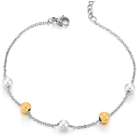 COOLSTEELANDBEYOND Acier Inoxydable Femme Chaîne Maillons Bracelets de Cheville avec Perle et Couleur Or Perle Charms, Réglable