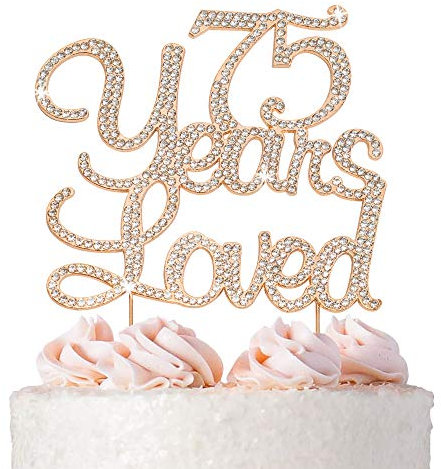 75 Cake Topper - Premium Rose Gold Metal - 75 Years Loved - 75th Birthday Party Sparkly Rhinestone Decoration Makes a Great Centerpiece - Now Protected in a Box