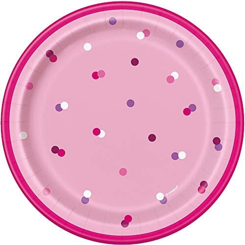 Unique 83604 Happy Birthday Pink Round Paper Plates-7 Silver | 8 Pcs