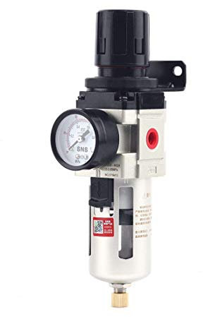 SNS 1/4''NPT Compressed Air Compressor Pressure Filter Regulator Piggyback Combo - Poly Bowl with Metal Guard, Semi-auto Drain, Bracket, with Gauge AW3000-N02A