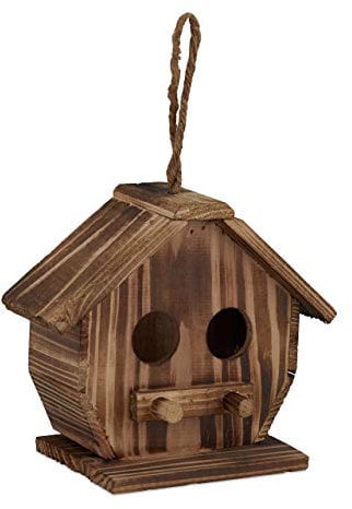 Relaxdays Casa para Pájaros, de Madera Quemada, Pajarera Colgante, Caseta Pájaros Exterior, 28,5 x 19 x 10,5 cm, Natural
