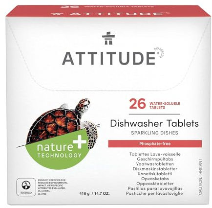 ATTITUDE Dishwasher Pods, Plant-Based & Vegan, Phosphate-Free Detergent Tablets, Naturally Derived, Unscented, 26 Count