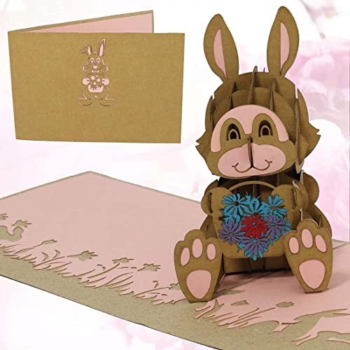 LINPOPUP® Pop Up Karte Ostern - Hase, Blumenkorb - Geburtstagskarte - 3D Osterkarte als Geldgeschenk oder Gutschein für Kinder - Gute Besserung, 3D - Grußkarte Klappkarte, N345