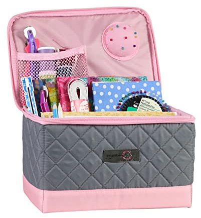Everything Mary Nähkasten mit Fächern, gesteppt in Grau und Rosa – zusammenklappbarer Aufbewahrungs- und Organisationskorb für Nähzubehör, Zubehör, Garn, Nadeln und Scheren – EVM12861-1