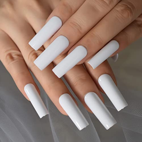 White Solid Color Press On Nails Extra Long Square Fake Nails Glossy Full Cover Acrylic Woman Prom Party 24 pcs/kit