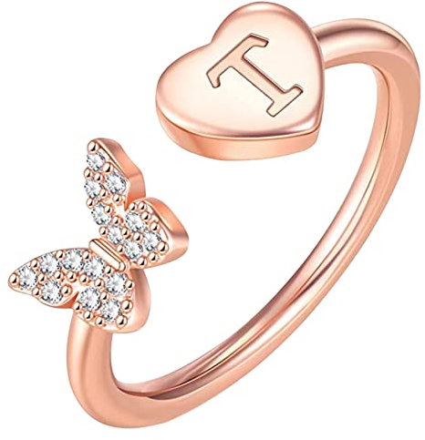 Stapelbare Anfangsringe für Frauen Mädchen Roségold plattierter Schmetterling Großbuchstabe Anfangsringe für Frauen Teenager Mädchen Buchstabenringe Stapelbare Ringe für O Ringe Metall Geschweißt