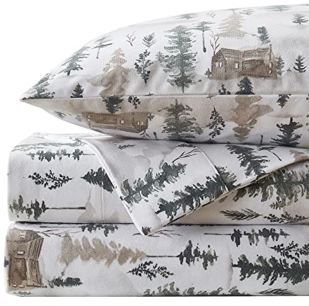Flannel Sheets Warm and Cozy Deep Pocket Breathable All Season Bedding Set with Fitted, Flat and Pillowcases, Queen, Winter Cabin Lodge