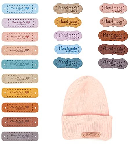 40 Stück Handmade Label, Handgefertigte Lederetiketten Etikett aus Wildleder mit Löchern, Strickzubehör für DIY-Hüte Kleidung Annähen Strickdekoration (1.5x5.5cm&4.2x1.5cm)
