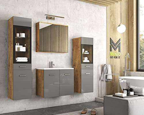 MINIO go for it - 4-TLG. Badezimmermöbel Set Marit I 2X Hochschrank ohne LED-Belechtung I Wandspiegelschrank I Waschbecken mit Unterschrank I Kastanien Breslau/Grau Hochglanz