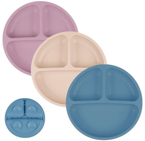 Vicloon Assiette Ventouse Pour Bébé, 3PCS Assiettes en Silicone avec Ventouse pour Bébé l'auto-alimentation, Sans BPA, Passe Au Lave-vaisselle et Au Micro-ondes (Bleu/Rose/Beige)