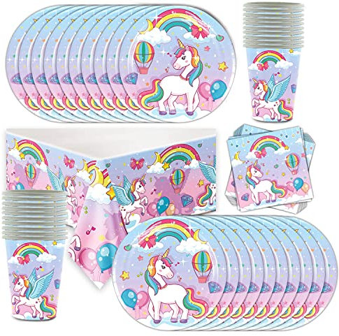 Shamoparty Set di 61 posate per compleanno per bambini con unicorno, per 20 ospiti, stoviglie per feste di compleanno per bambini