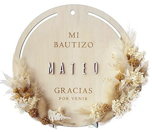 nagu® Cartel de Bienvenidos a mi Bautizo | Decoración Bautizo niño o niña | Placa de Madera para Colgar o sobre Mesa de 21 cm de diámetro, Personalizada con Nombre. Detalles para Bautismo
