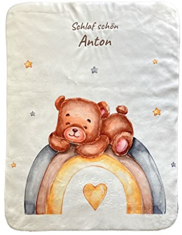 Wolimbo Duo Babydecke mit Namen - Motiv Bär auf Regenbogen - Lammfell Optik - 75x100cm