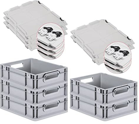 PROREGAL SuperSparSet 5x Eurobox NextGen Grip mit Scharnierdeckel und schwarzen Schiebeschnappverschlüssen, HxBxT 12x30x40cm, 11 L, Grau, Griffe offen, Eurobehälter, Transportbox