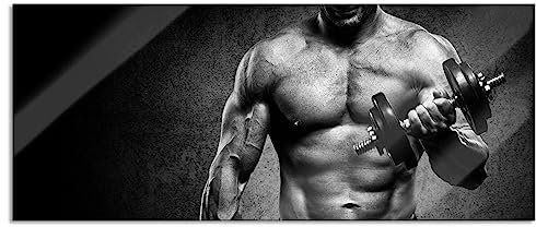 Pixxprint Glasbild Panorama, Wandbild aus Echtglas, Trainierender Bodybuilder, 100x40 cm, inkl. Aufhängung und Abstandshalter