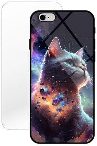 KARTXITAI Hülle Kompatibel mit iPhone 6 / 6S,Stoßfest Hybrid Schutzhülle [TPU Silikon Bumper+Glas Rückseite] mit Katze Wolken Nacht Motiv Handyhülle Cover+Glas Displayschutz