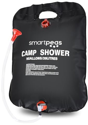 smartpeas Solardusche Camping - Warmwasserdusche ohne Gas und Strom - Gartendusche aus Kunststoff - leicht und faltbar - Campingdusche - Outdoor Dusche - schwarz mit rotem Duschkopf