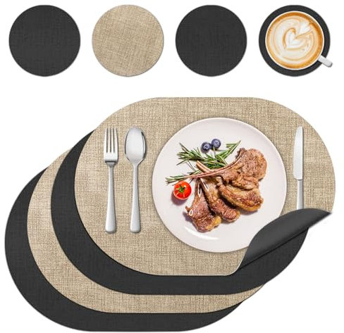 innislink Tischset Leder, 4er Platzsets Abwaschbar mit Untersetzer rutschfest Platzdeckchen Doppelseitigen Tischsets, PU Kunstleder Hitzebeständig für Küche Restaurant - (Schwarz Braun, Elliptisch)