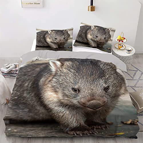 QBIDCSX Bettwäsche 155x220 Bettbezug Set 3teilig Grauer Wombat Bettbezug mit Reißverschluss, Weiche Angenehme Mikrofaser Bettwäsche-Set für Erwachsene Jugendliche Kinder + 2 Kopfkissenbezug 80x80 cm