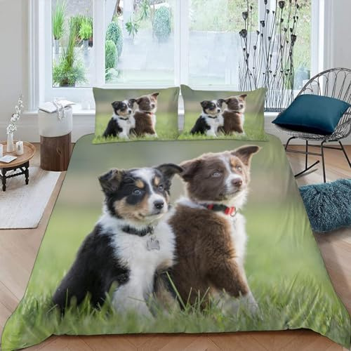 DILANI Bettwäsche 135x200 Kinder Hund 3D Bettwäsche-Set 3 Teilig Zwei Süße Border Collies Weiche Microfaser Bettbezug mit Reißverschluss und Kissenbezug 80x80cm für Mädchen Jungen Kinder