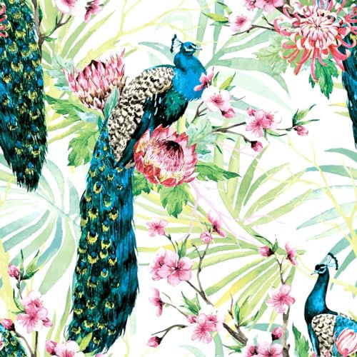20 Servietten Tiermotive Pfau an tropischen Blumen als Tischdeko. Papierservietten mit Motiv. Auch für Decoupage und Serviettentechnik 33x33cm