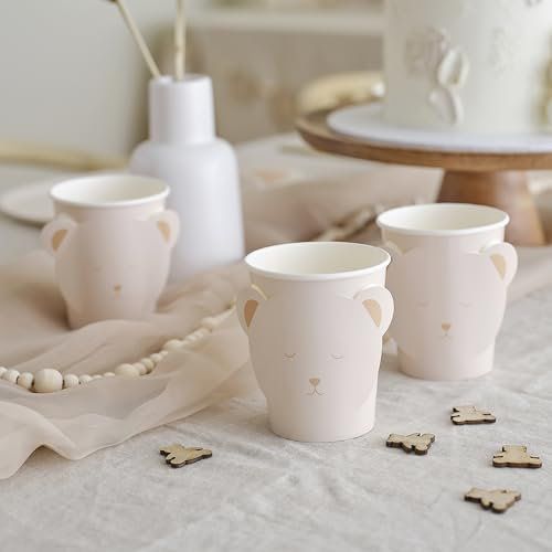 Ginger Ray- Gobelets en Papier Blanc avec Oreilles d'ours en Peluche Pop-Out, Vaisselle pour fête prénatale, Paquet de 8, Neutral