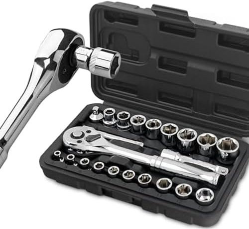 Hi-Spec Jeu de Douilles Métriques 22 Pièces 1/4” & 3/8” avec Clé à Cliquet, Barres d'Extension dans un Coffret Compact