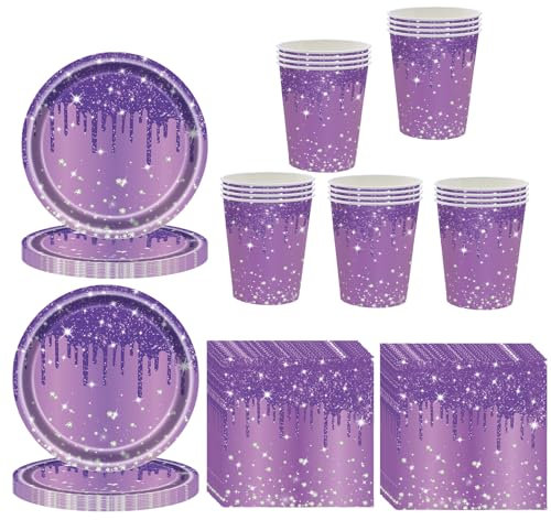 60 Pcs Purple Party Tableware Set for Her,Girls,Women,Purple Paper Plates Paper Cups and Napkins,Sparkling Diamond Purple Paper Dinnerware Set for Birthday,Wedding,Baby Shower Party Tableware