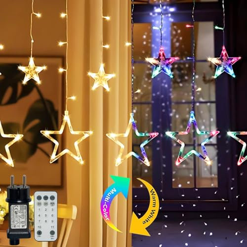 Hopelit Lichterkette, 2.3m 12 Sterne 138LED Dimmbar Weihnachtsbeleuchtung Fenster Farbwechsel 11 Modi mit Stecker, Fernbedienung, Timer, Lichterkette Sterne Für Weihnachtsbeleuchtung